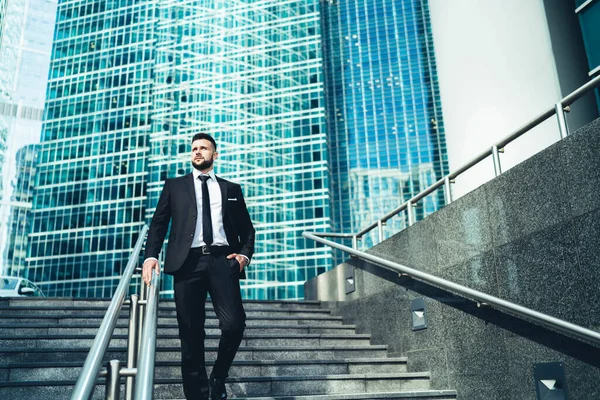 Serious Pensive Businessman Suit Walking Stairs Hand Pocket Looking Away — Stock Photo, Image