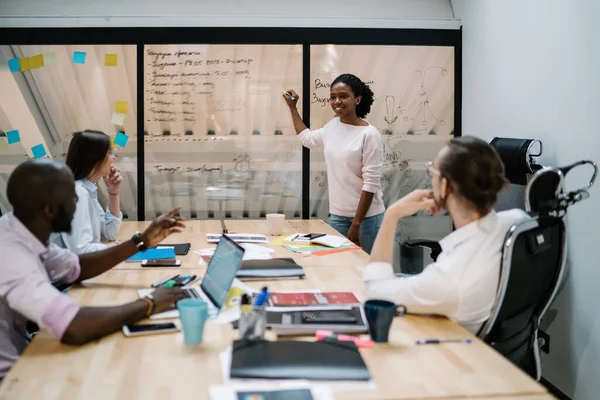 Mujer Negra Emotiva Con Traje Ocasional Con Marcador Trabajando Junto — Foto de Stock