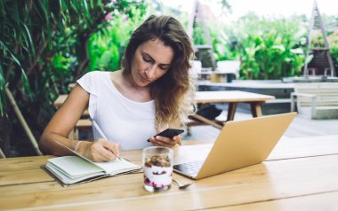 Odaklanmış kadın deftere yazıyor ve laptopunu kullanıyor. Açık hava restoranında oturmuş akıllı telefondan mesaj atıyor ve bulanık arka planda tatlı tadıyor.