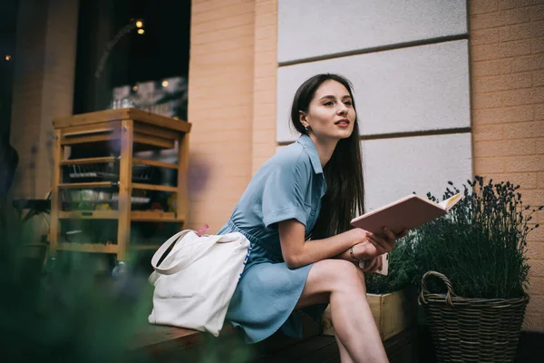 Side View Dreamy Young Student Blue Dress Looking Away While — Stock Photo, Image