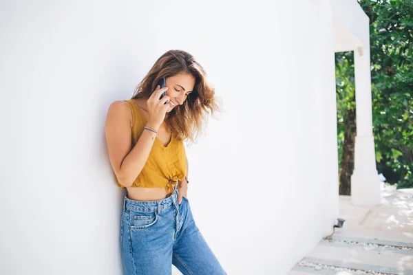 Pleased Trendy Adult Female Summer Orange Top Blue Jeans Having — Stock Photo, Image