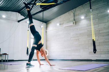 Stüdyoda havacılık dersinde elleri yerde dururken tek bacağını kaldıran genç ve konsantre bir bayan sporcunun yan görüntüsü.