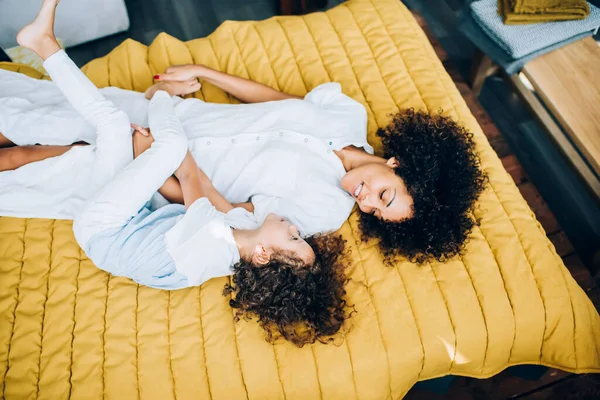 Carefree Youthful Ethnic Mommy Adorable Little Girl Cuddling Looking Each — Stock Photo, Image