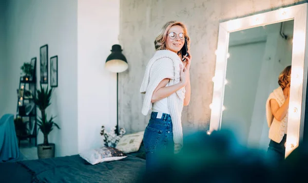 Happy Beautiful Blonde Woman White Sweater Glasses Talking Phone While — Stock Photo, Image