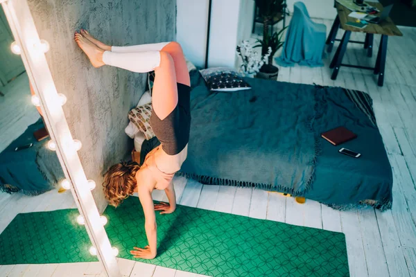 Athletic Young Woman Sportswear Exercising Yoga Asanas Sitting Floor Green — Stock Photo, Image