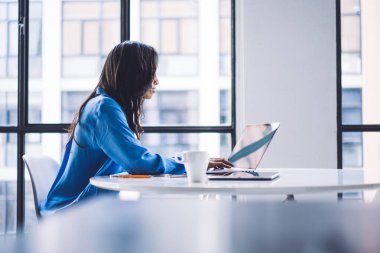 Çağdaş ofisteki yuvarlak masada kahve içerken dizüstü bilgisayar kullanan ciddi Afrikalı Amerikalı kadınların seçici odak noktası