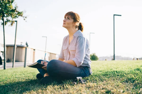 Pensive Redhead Woman Writer Casual Wear Thinking Publication Recreating Park — Stock Photo, Image