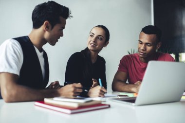 Üniversite sınavına hazırlanmak için birlikte zaman geçiren zeki erkek ve kadın öğrencilerden oluşan bir grup, çeşitli erkek ve kadınlar, bilgi üzerinde beyin fırtınası yapmak için işbirliği sürecine sahipler.