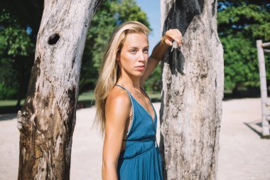 Mavi elbiseli genç bayanın kumsalda yaşlı ağaca dokunuşunu ve güneşli bir günde gözlerini kaçırışını yan görüyorum.