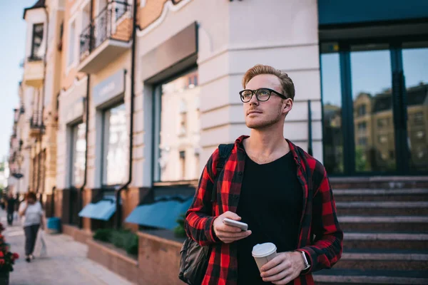 Confident Male Casual Clothes Glasses Backpack Drinking Coffee Checking Social — Stock Photo, Image