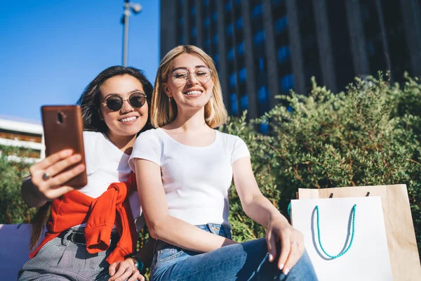 Positive Smiling Young Woman Sun Glasses Taking Selfie Smartphone Happy — Stock Photo, Image