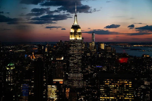 Widok Powietrza Drapaczy Chmur Wież Centrum Miasta Panorama Manhattanu Wieczornym — Zdjęcie stockowe