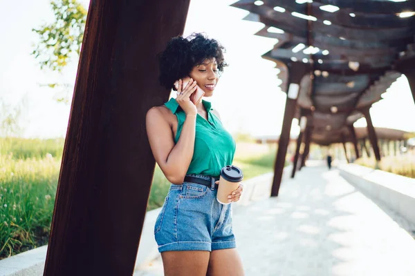 Cheerful African American Young Woman Making Smartphone Call Standing Modern — Stock Photo, Image