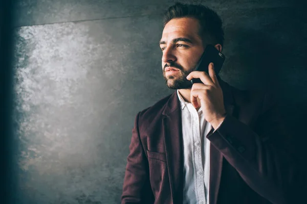 Handsome Caucasian Male Entrepreneur Formal Luxury Jacket Talking Mobile Phone — Stock Photo, Image