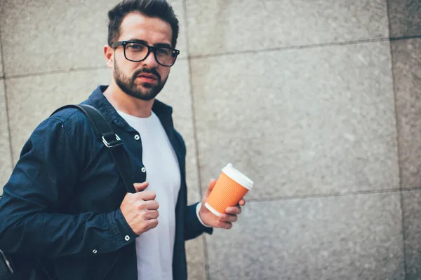 Half Length Portrait Serious Caucasian Hipster Guy Casual Wear Eyeglasses — Stock Photo, Image