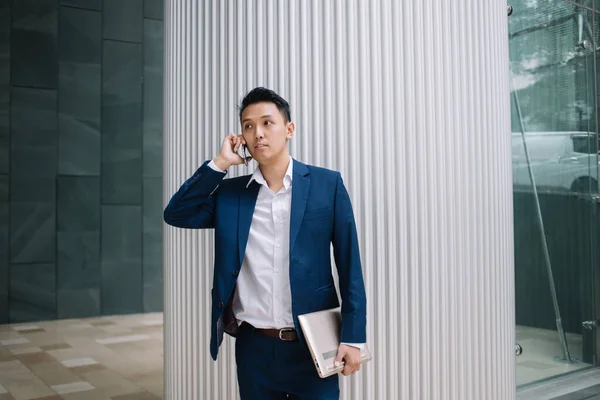 Confident Successful Handsome Asian Man Stylish Suit Holding Laptop While — Stock Photo, Image