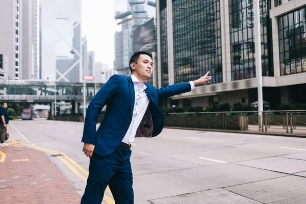 Confident Presentable Asian Businessman Strict Blue Suit Standing Street City — Stock Photo, Image