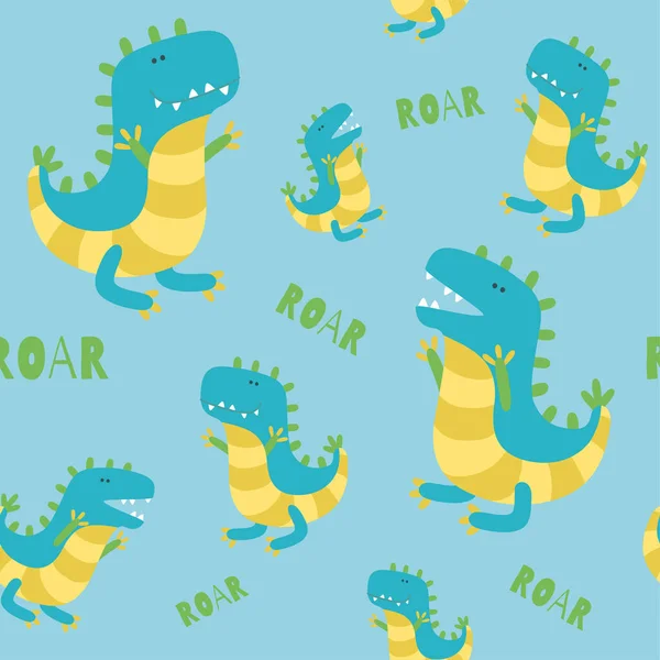 Modèle sans couture dinosaure sur fond bleu. Illustration vectorielle — Image vectorielle