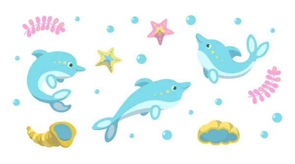 Lindos delfines, estrellas de mar y conchas. Ilustración vectorial — Vector de stock