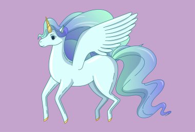 Yelesi ve kuyruğu sallanan kanatlı tek boynuzlu at. Çizgi film tarzında vektör illüstrasyonu