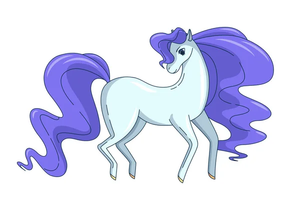 漂亮的马，留着飘扬的鬃毛和尾巴，与白色背景隔离。可爱卡通风格的矢量插图 — 图库矢量图片
