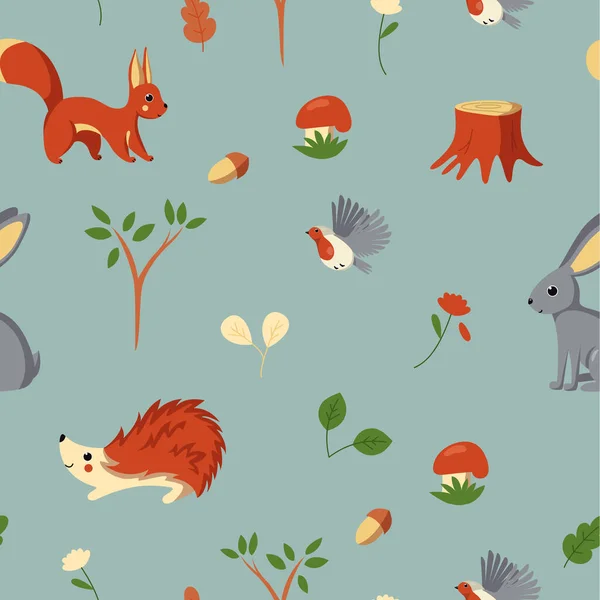 Conjunto de animais silvestres, aves, cogumelos e plantas. Ilustração vetorial em estilo bonito dos desenhos animados — Vetor de Stock