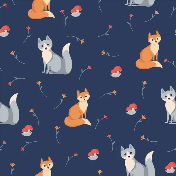 Modèle animal sans couture. Renard et loup sur fond bleu. Modèle pour textile, tissu et papier. Illustration vectorielle — Image vectorielle