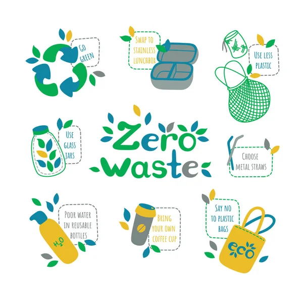 Null Abfall. Symbole für Recycling und Verringerung der Umweltverschmutzung. Vektorillustration im flachen Stil — Stockvektor