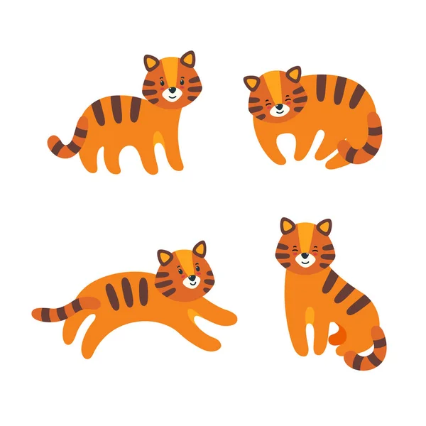 Conjunto de tigres em estilo plano. O tigre está de pé, corre, senta-se e dorme. Ilustração vetorial —  Vetores de Stock