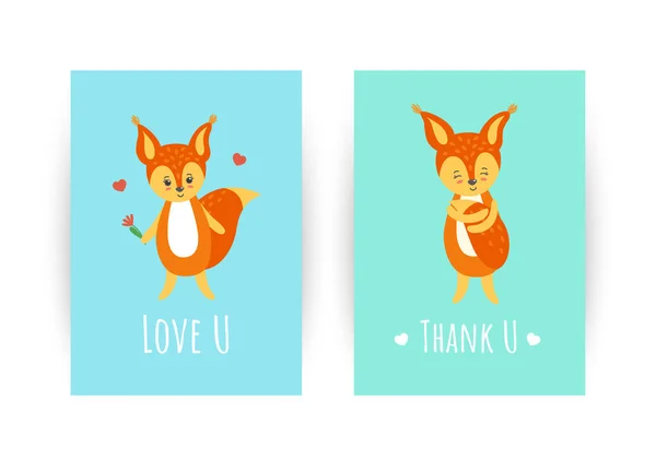 Cartões com esquilos. Cartões para aqueles que estão apaixonados e querem dizer obrigado. Ilustração vetorial — Vetor de Stock