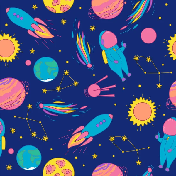 Outer space seamless pattern. Colorful design for prints on paper, fabric and clothes. Vector illustration