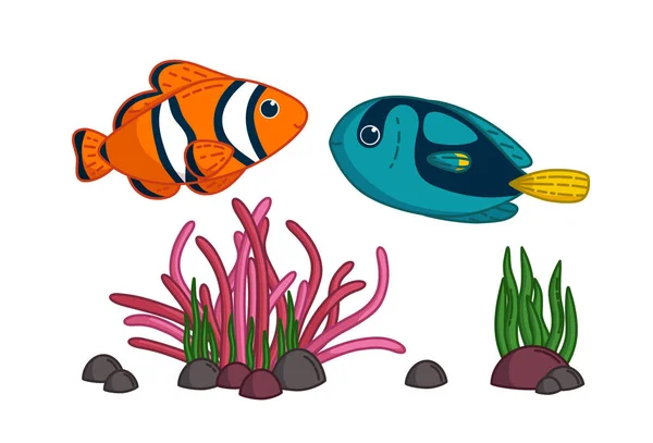 Tropische Fische mit Anemone. Blaue Doktorfische und Clownfische schwimmen zusammen. Vektorillustration — Stockvektor