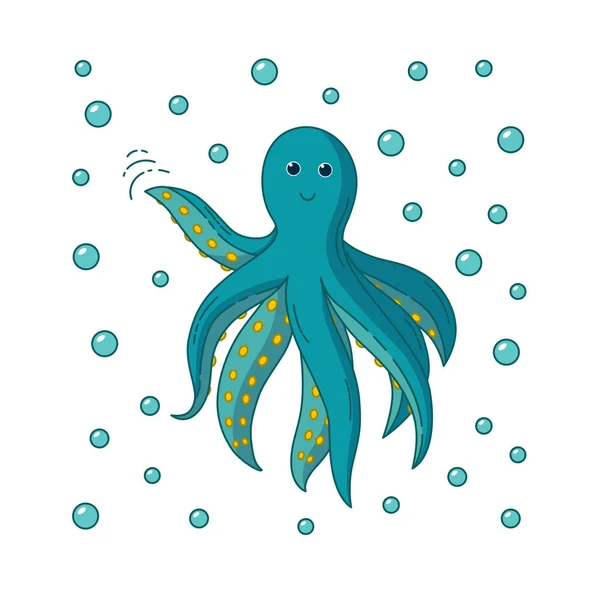 Octopus acenando oi cercado de bolhas. Ilustração vetorial — Vetor de Stock