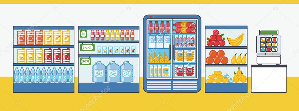 Supermarket. Shelves and fridges with food stuff. Vector illustration in cartoon style