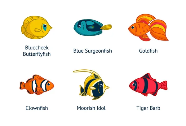 Conjunto de peces tropicales con sus nombres. Ilustración vectorial en estilo de dibujos animados — Vector de stock