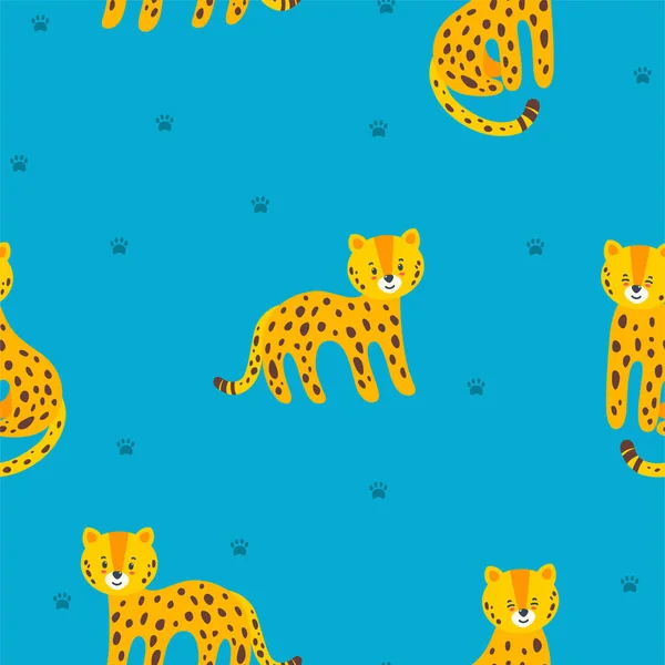 Nahtloses Muster mit Leoparden und Pfotenabdrücken. Vektorillustration im flachen Stil — Stockvektor