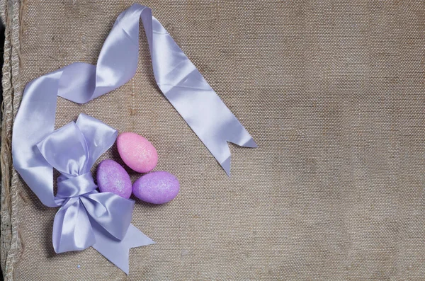 Easter Eggs Bow Linen Cloth — Stock Photo, Image