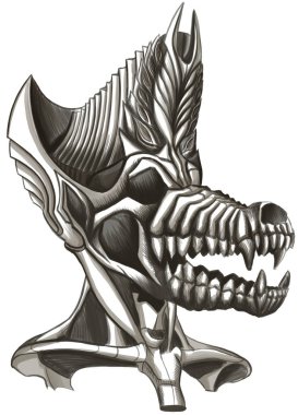 Çakal ya da kurt kafatası, büyük ağızlı, sivri kulaklı, kafasında büyük bir taç, küçük gözlü ve taç üzerindeki küçük yapraklar, Anubis antik Mısır 'ın öbür dünya tanrısını anımsatıyor, Anubis..