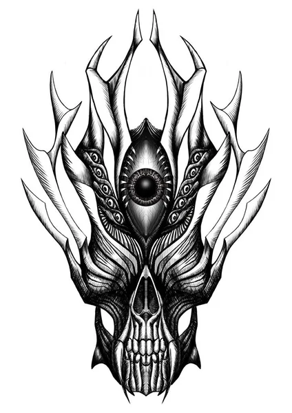 Skull of demon or devil, dark mask, terrible, symmetrical , with a large eye in the middle and small eyes at the edges, with large horns and large fangs, on a white background. Horror character.