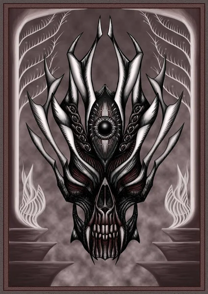 Skull of demon or devil, dark mask, terrible, symmetrical , with big eye in the middle and eyes at the edges, with large horns and fangs, tall tree-shaped columns on the steps, and fog in backdrop.