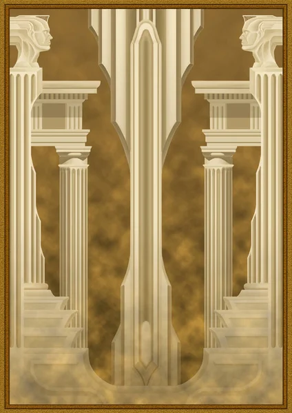 Abstração Arquitetônica Colunas Gregas Com Entablamento Degraus Altos Com Cabeças — Fotografia de Stock