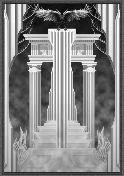 Architectural abstraction, monument on the steps, in the classical style, symmetrical, with greek columns, entablature and a large black raven at the top, in the smoke between the tall columns.