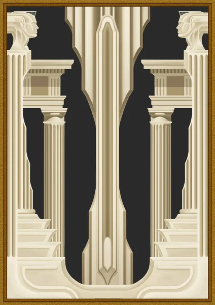 Greek columns with entablature on the steps with heads at the top and tall monument in the middle, in the classical architectural style, are symmetrical on dark background in gold frame. Abstraction.