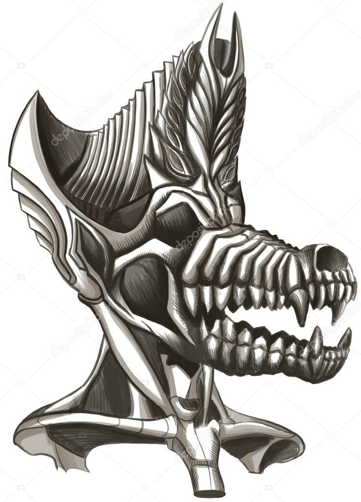 Skull of jackal or wolf, with a large mouth, sharp ears, a big crown on its head, with small eyes and small leaves in the crown, reminiscent of the ancient Egyptian God of the afterlife, Anubis.