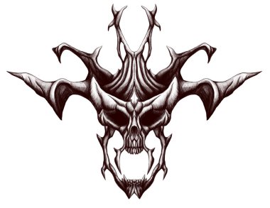 İblis ya da şeytanın kafatası, karanlık maske, korkunç, kasvetli simetrik, büyük, çarpık boynuzları, sivri dişleri, geniş, açık bir çene, beyaz bir arka plan. Karakter korkusu, düşmüş melek.