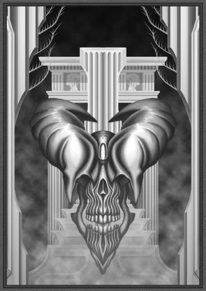 目のない悪魔や悪魔の頭蓋骨 大きな角を持つ 恐怖の生き物 恐ろしい暗いマスク 古典的な建築様式の列の背景に 煙の中で 背の高い対称の列の間 — ストック写真