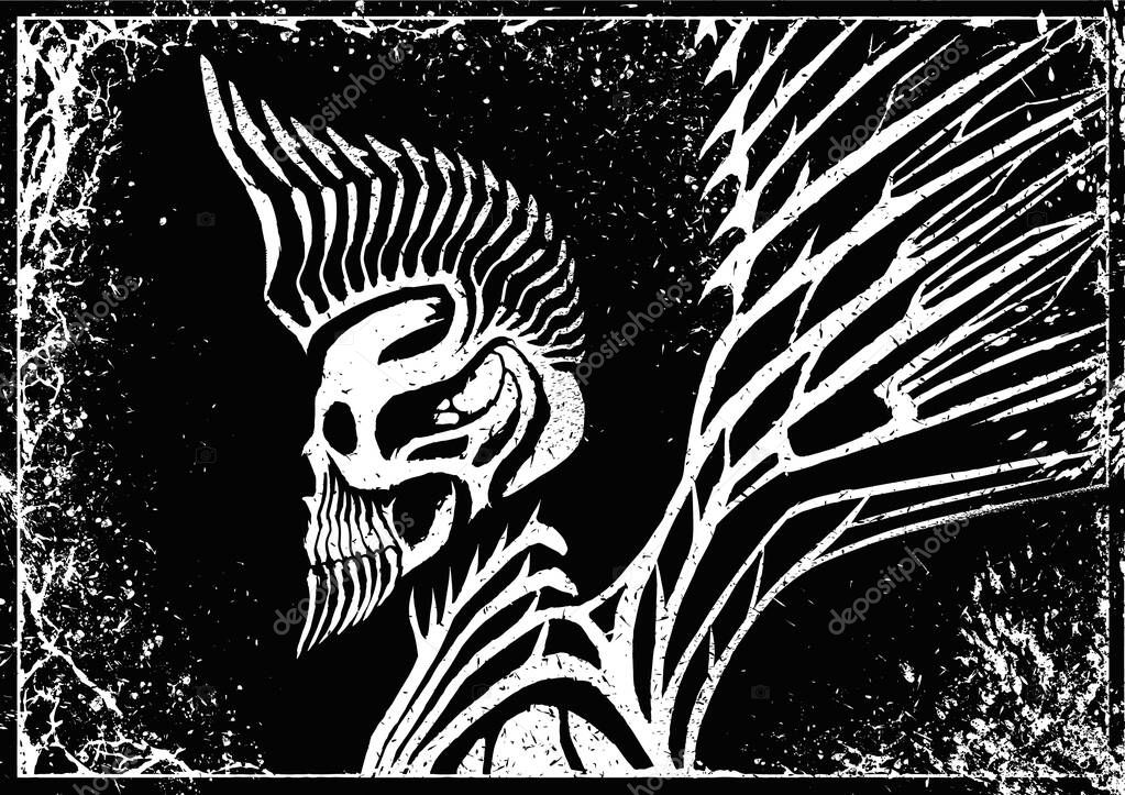 Biomechanical, gothic skull with iroquois or crest and beard, skeleton of an dark fallen angel, devil or demon, with sharp geometric wings raised up, with splashes and texture on background.