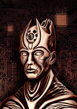 Karakter, cyborg, firavun, dünya dışı bir ırkın hükümdarı, biyomekanik tarzda, küçük boynuzlu, büyük gözlü, işlemci ve çiplerin arka planında mekanizmaları olan.