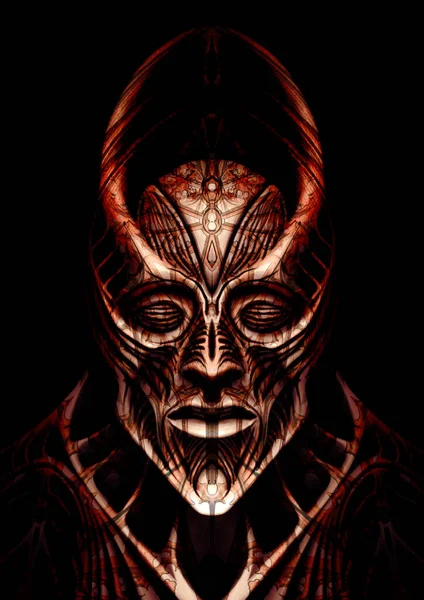 Character, demon or devil, majestic, with an unusual head, crown on the head, powerful jaw and neck, with a large nose and lips, patterns on the body. Dark lord or ruler of an extraterrestrial race.