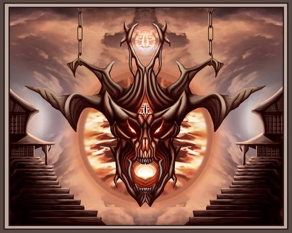 Horror creature, skull of demon or devil, terrible dark mask with large horns and fangs, with an open fire jaw and eye on a head, hanging on big chains in the clouds between the houses on the stairs.